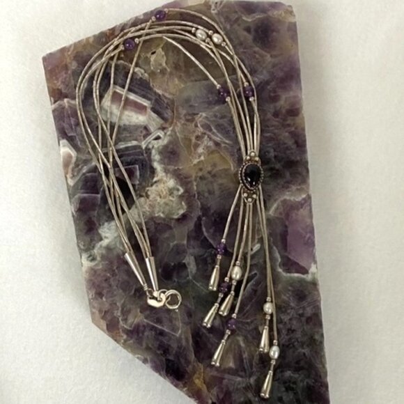 VTG Q.T. Sterling Carlisle Jewelry Amethyst Liquid Silver Tassel Y Necklace - Picture 2 of 16